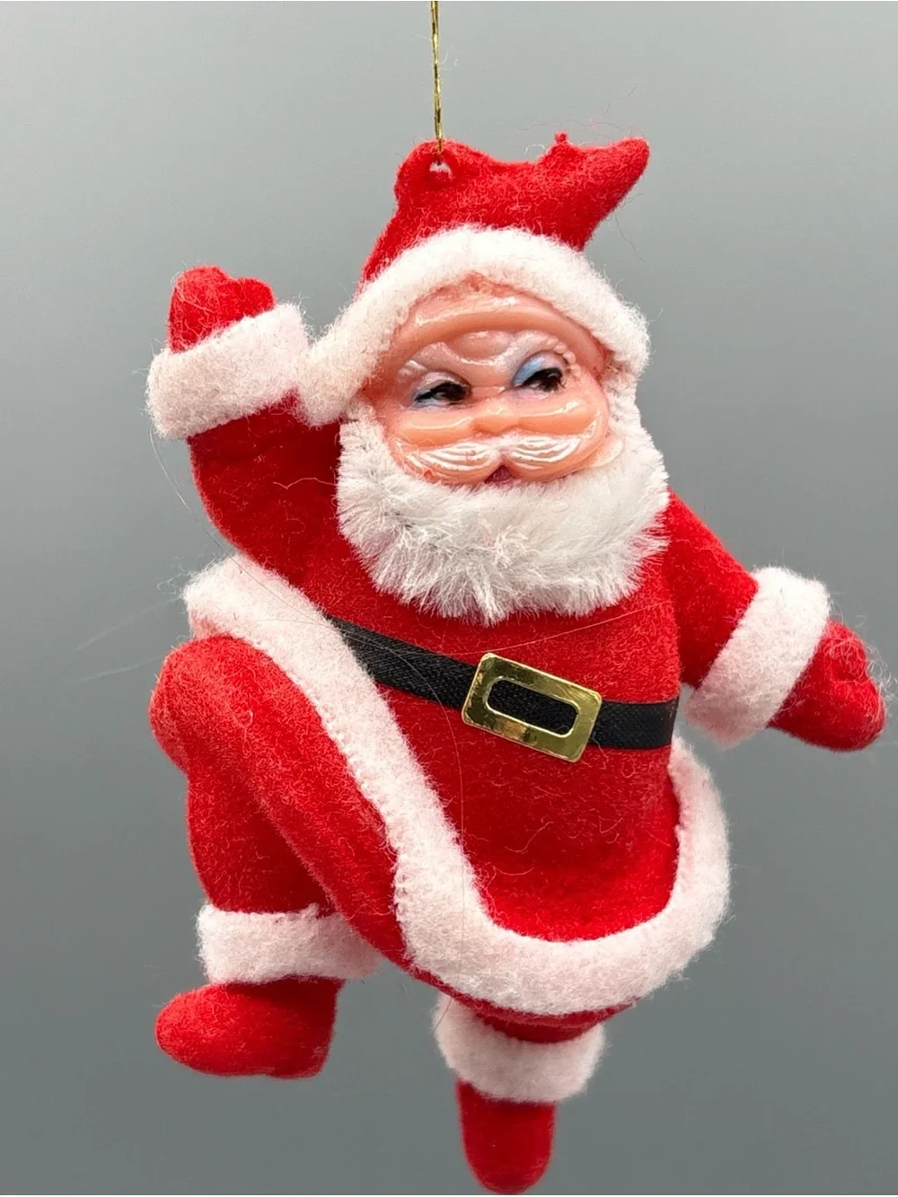 Vintage Santa Claus Flocked Ornament Red Mid Century Dancing Merry 4 Inch Figure